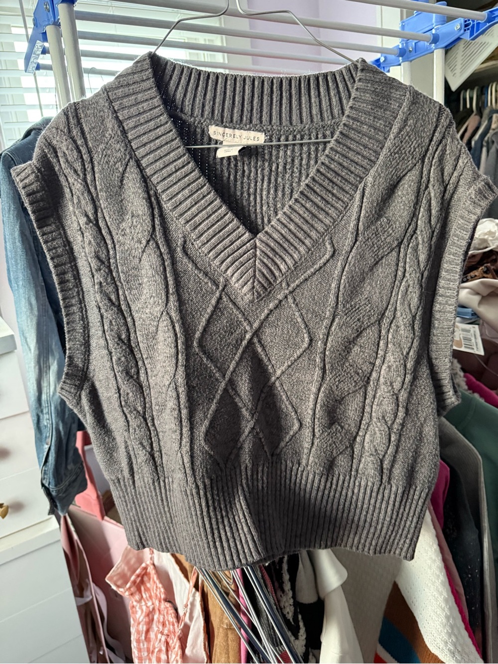 Sincerly Jules Charcoal Cable-Knit V-Neck Sweater Vest